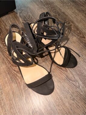 Qupid Black Lace-Up Cutout Heeled Sandals
